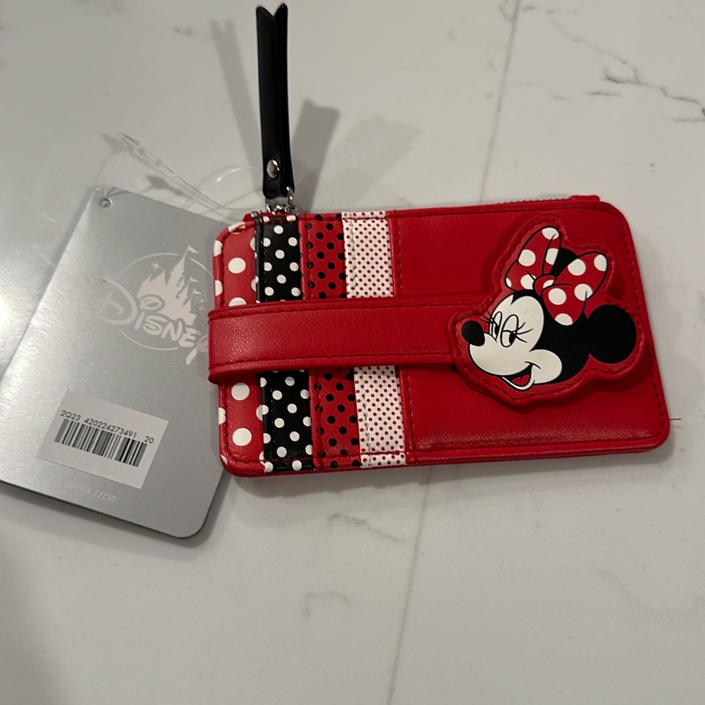 Disney Parks Minnie Mouse Side Zip Credit Card Holder ID Slim Wallet Bra…